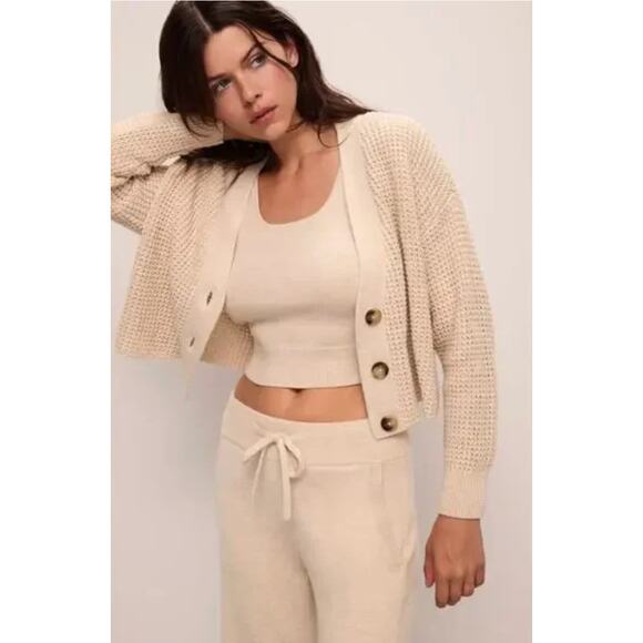 Eberjey Sweater Small Recycled Cardigan Oat Chunky Waffle Knit Cropped Cute Cozy - Picture 2 of 12